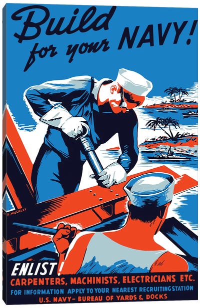Vintage WWII Poster Showing Two Sailors Building A Ship Canvas Art Print