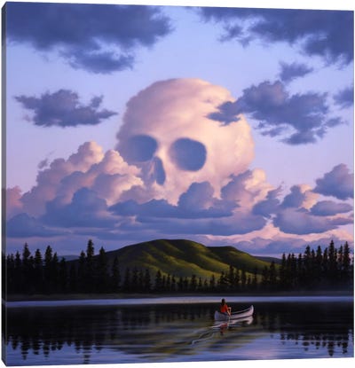 A Cloud Formation Depicting A Skull, With A Lake And Canoeist Below Canvas Art Print