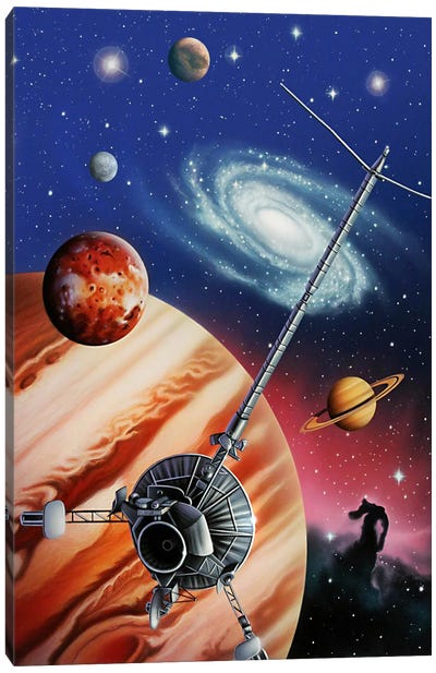 A Montage Of The Universe Featuring Astronomical Objects And An Exploratory Craft Canvas Art Print - Jupiter Art