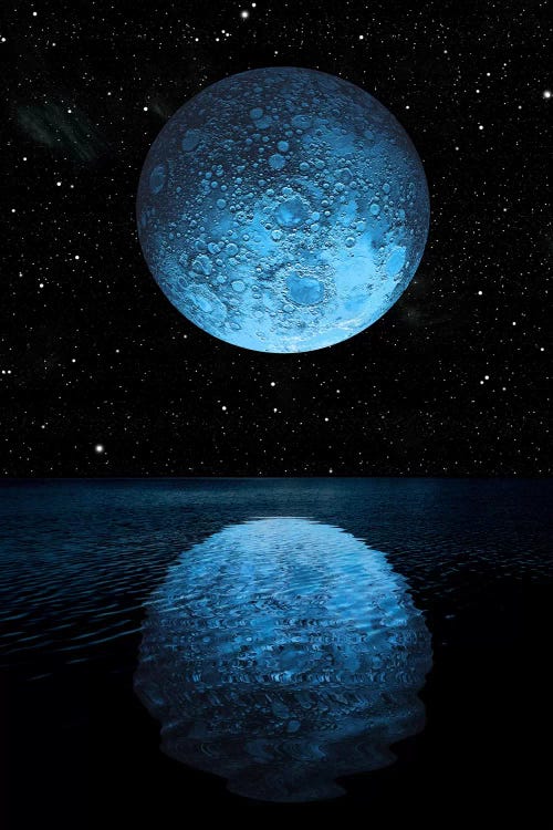 A Blue Moon Rising Over A Calm Alien Ocean With A Starry Sky As A Backdrop