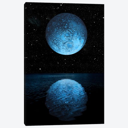 A Blue Moon Rising Over A Calm Alien Ocean With A Starry Sky As A Backdrop Canvas Print #TRK1239} by Marc Ward Canvas Art Print