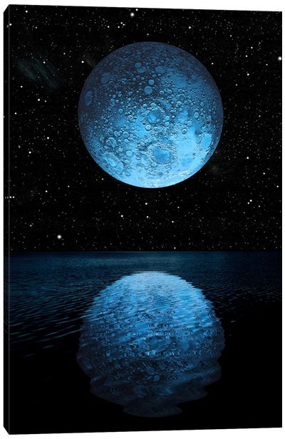 A Blue Moon Rising Over A Calm Alien Ocean With A Starry Sky As A Backdrop Canvas Art Print