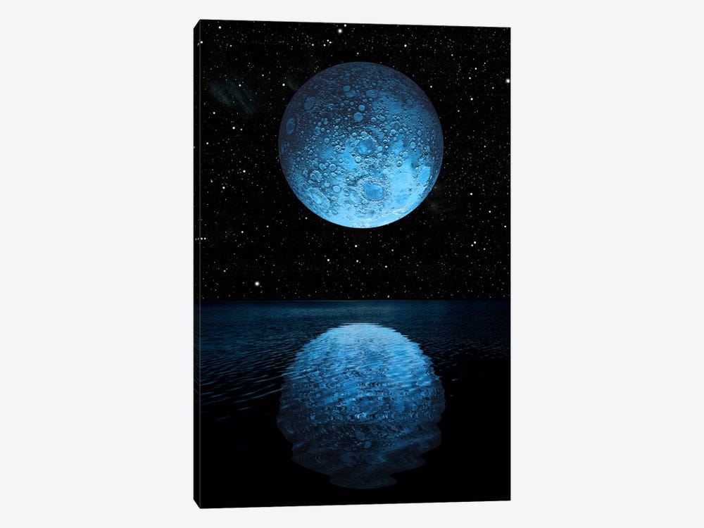 A Blue Moon Rising Over A Calm Alien Ocean With A Starry Sky As A Backdrop 1-piece Canvas Art