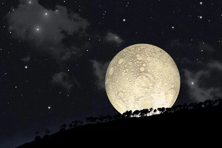 A Full Moon Rising Behind A Row Of Hilltop Trees