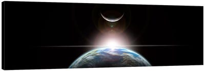 A Star Rising Over An Earth-Like Planet And Illuminating Its Lone Moon Canvas Art Print