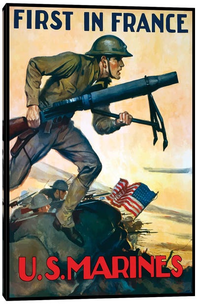 WWI Poster Of Marines Charging Into Battle Behind The American Flag Canvas Art Print
