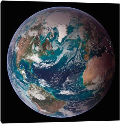 A Full View Of Earth Showing Global Data For Land Surface, Polar Sea Ice, And Chlorophyll Canvas Art Print - Stocktrek Images - Astronomy & Space Collection