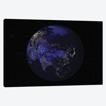 Full Earth At Night Showing City Lights Centered On Asia Canvas Print #TRK1469} by Stocktrek Images Canvas Wall Art