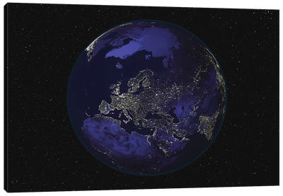 Full Earth At Night Showing City Lights Centered On Europe Canvas Art Print - Globes