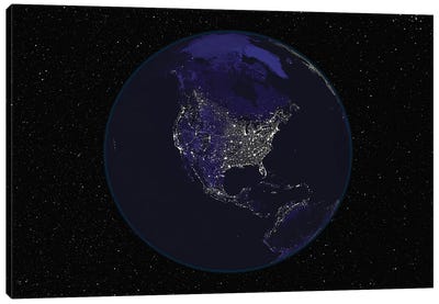 Full Earth At Night Showing City Lights Centered On North America Canvas Art Print - Globes