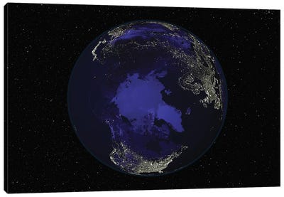 Full Earth At Night Showing City Lights Centered On The North Pole Canvas Art Print - Globes