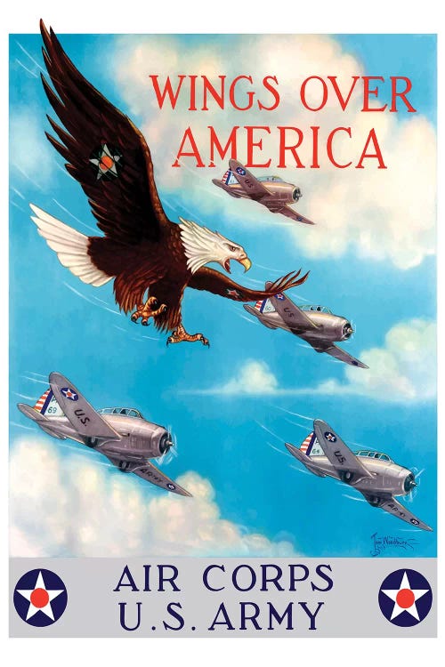 WWII Poster Of A Bald Eagle Flying In The Sky With Fighter Planes by Stocktrek Images wall art