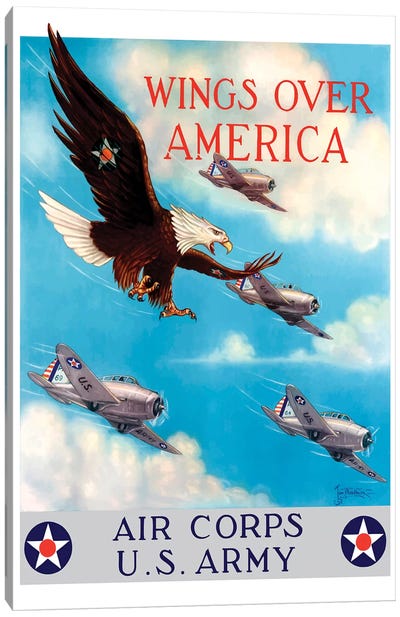 WWII Poster Of A Bald Eagle Flying In The Sky With Fighter Planes Canvas Art Print - Air Force