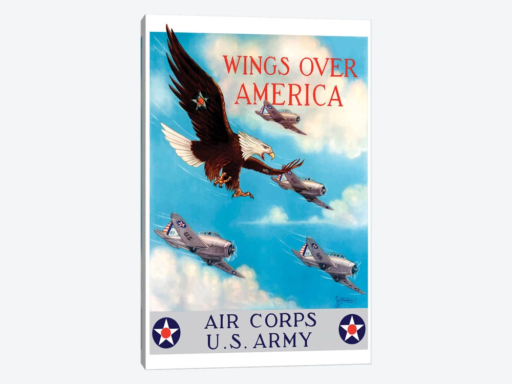 WWII Poster Of A Bald Eagle Flying In The Sky With Fighter Planes by Stocktrek Images 1-piece Canvas Wall Art