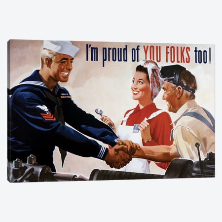 WWII Poster Of A Sailor Shaking Hands With Factory Workers Canvas Print #TRK154} by Stocktrek Images Canvas Wall Art