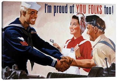 WWII Poster Of A Sailor Shaking Hands With Factory Workers Canvas Art Print - Tradesmen