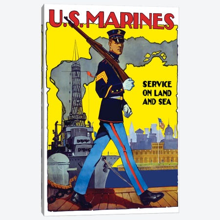 WWII Poster Of A US Marine Marching Along A Dock Canvas Print #TRK157} by Stocktrek Images Canvas Artwork