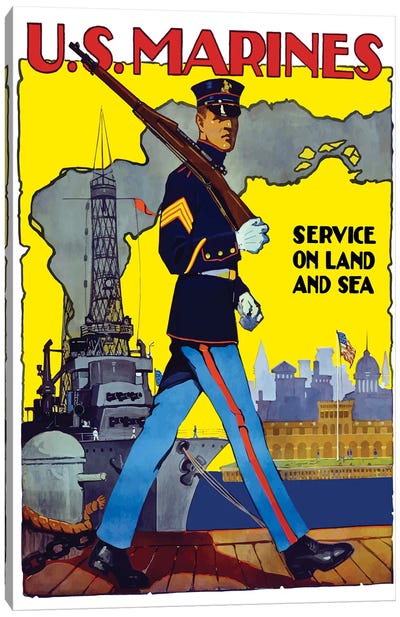 WWII Poster Of A US Marine Marching Along A Dock Canvas Art Print - Stocktrek Images