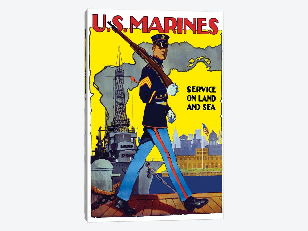 WWII Poster Of A US Marine Marching Along A Dock by Stocktrek Images 1-piece Canvas Art