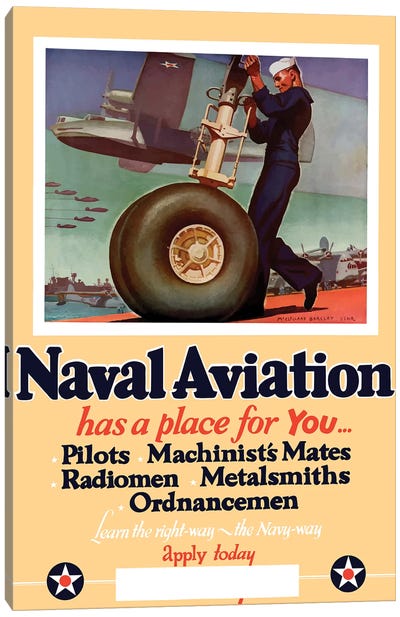 WWII Poster Of A US Navy Seaman Working On The Landing Gear Of A Plane Canvas Art Print - Navy