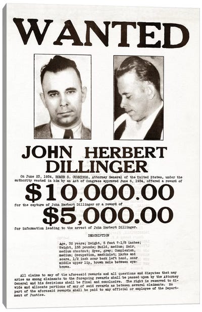John Dillinger Wanted Poster Canvas Art Print - Gangsters & Criminals