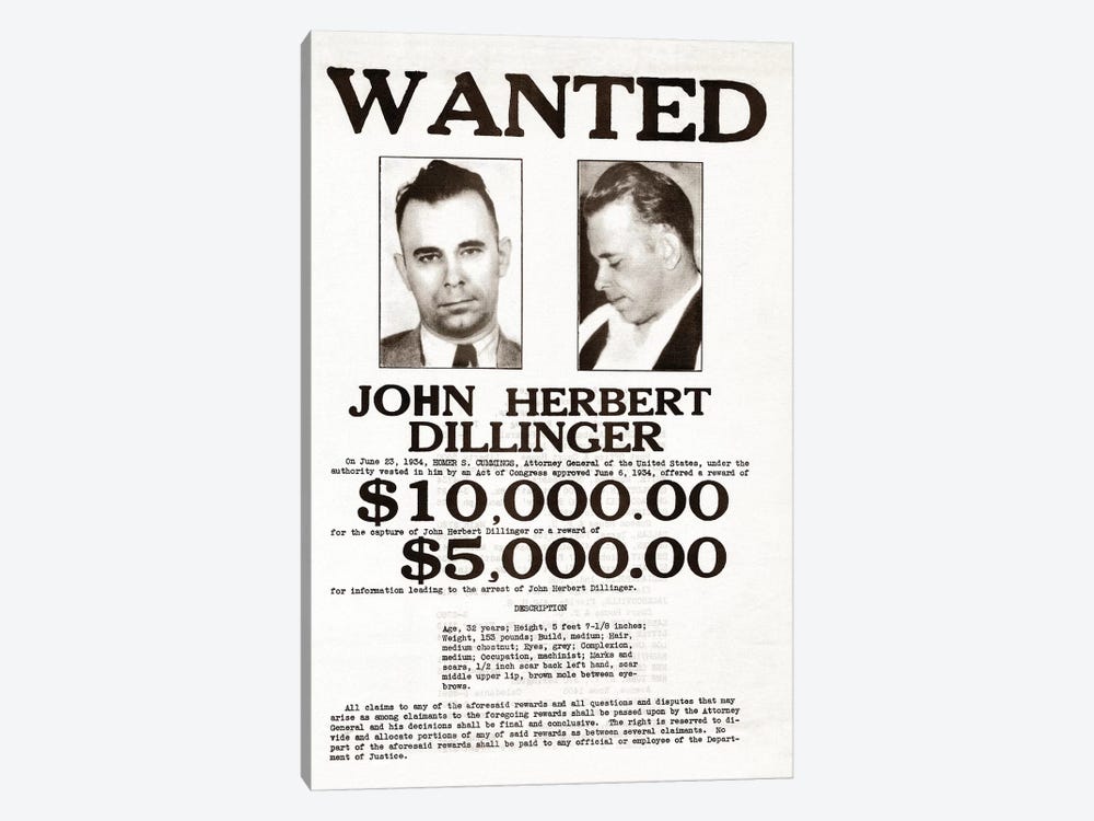 John Dillinger Wanted Poster by Stocktrek Images 1-piece Canvas Art Print