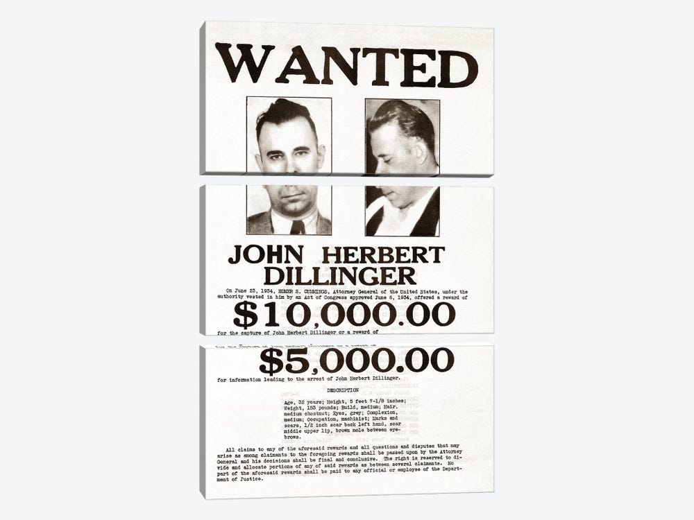 John Dillinger Wanted Poster by Stocktrek Images 3-piece Canvas Print