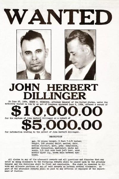 Gangsters & Criminals: John Dillinger Wanted Poster by Stocktrek Images