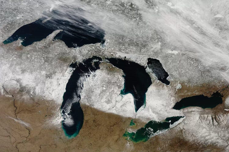 Satellite View Of Snow Across Wisconsin, Michigan, And Canada by Stocktrek Images wall art