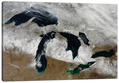 Satellite View Of Snow Across Wisconsin, Michigan, And Canada Canvas Art Print - Michigan Art