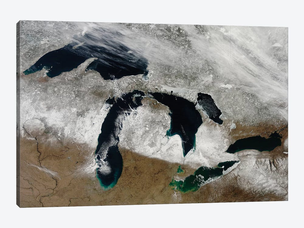 Satellite View Of Snow Across Wisconsin, Michigan, And Canada by Stocktrek Images 1-piece Canvas Wall Art
