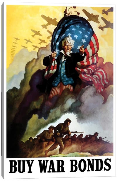 WWII Poster Of Uncle Sam Holding An American Flag And Urging Troops Into Battle Canvas Art Print - Propaganda Posters