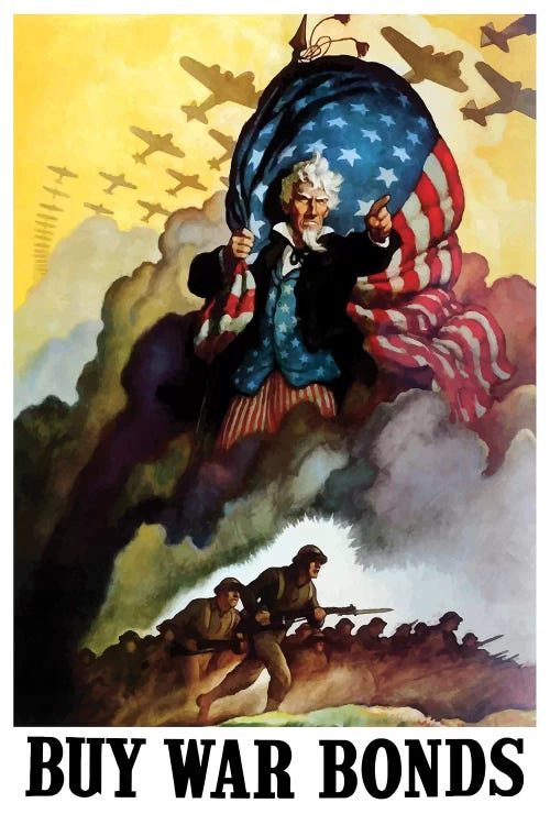 WWII Poster Of Uncle Sam Holding An American Flag And Urging Troops Into Battle