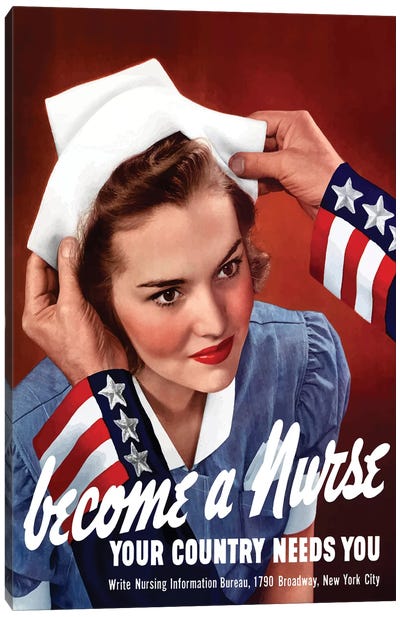 WWII Poster Of Uncle Sam Placing A Hat On A Smiling Nurse Canvas Art Print - Nurses