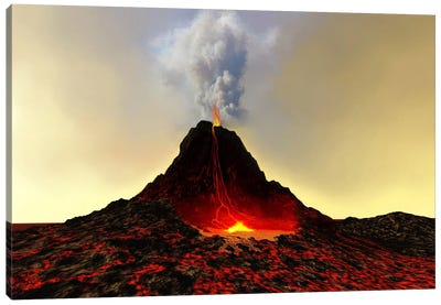An Active Volcano Spews Out Hot Red Lava And Smoke Canvas Art Print - Corey Ford