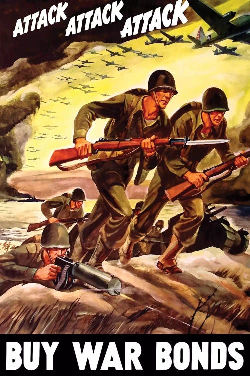 WWII Propaganda Poster Of Soldiers Assaulting A Beach With Rifles