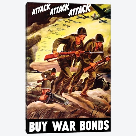WWII Propaganda Poster Of Soldiers Assaulting A Beach With Rifles Canvas Print #TRK192} by Stocktrek Images Art Print