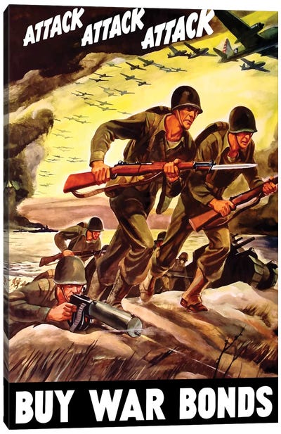 WWII Propaganda Poster Of Soldiers Assaulting A Beach With Rifles Canvas Art Print