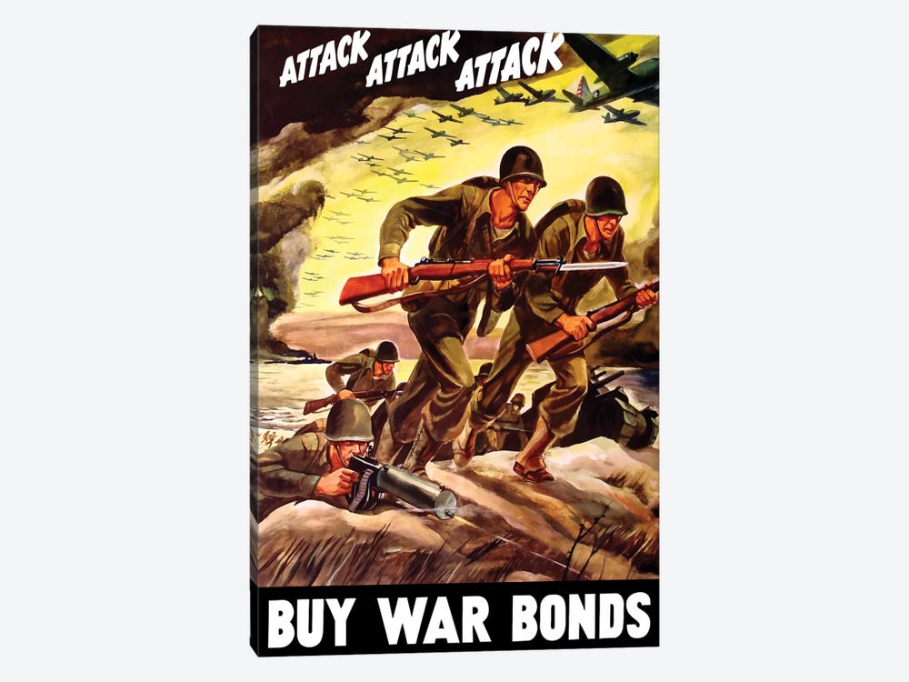 WWII Propaganda Poster Of Soldiers Assaulting A Beach With Rifles by Stocktrek Images 1-piece Canvas Art Print