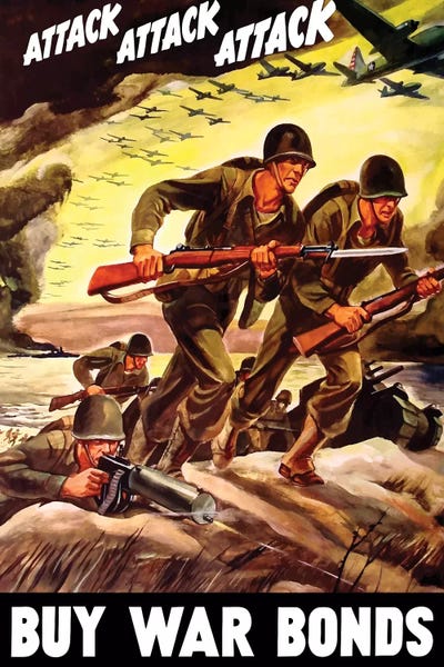 Propaganda Posters: WWII Propaganda Poster Of Soldiers Assaulting A Beach With Rifles by Stocktrek Images
