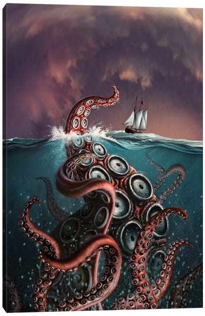 A Fantastical Depiction Of The Legendary Kraken Canvas Art Print - Jerry Lofaro