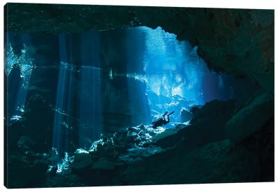 Diver Enters The Cavern System In The Riviera Maya Area Of Mexico Canvas Art Print