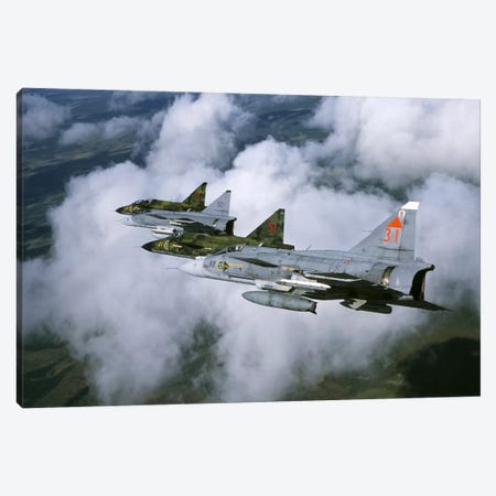 Four Saab 37 Viggen Fighters Of The Swedish Air Force Canvas Print #TRK217} by Daniel Karlsson Canvas Print