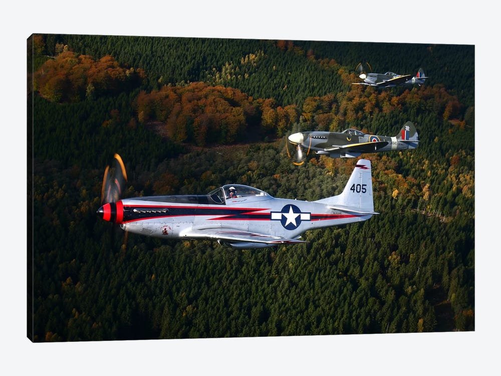 P-51 Cavalier Mustang With Supermarine Spitfire Fighter Warbirds 1-piece Canvas Wall Art