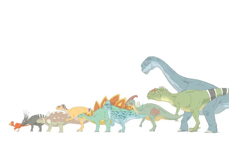 Pencil Drawing Illustrating Various Dinosaurs And Their Comparative Sizes