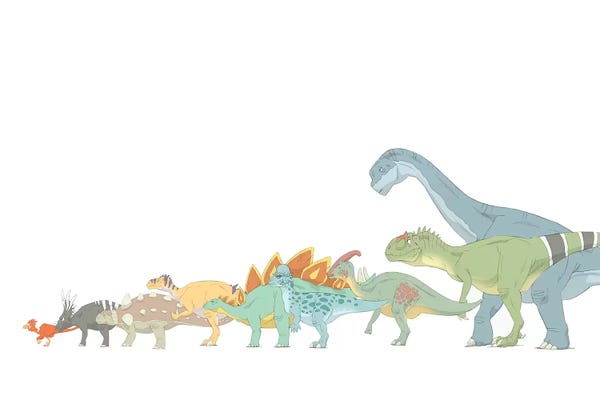 Prehistoric Animals: Pencil Drawing Illustrating Various Dinosaurs And Their Comparative Sizes by Alice Turner