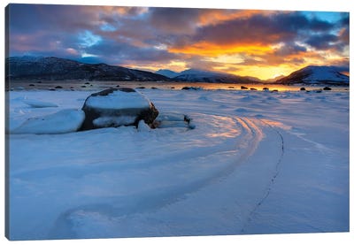 A Winter Sunset Over Tjeldsundet At Evenskjer, Troms County, Norway Canvas Art Print