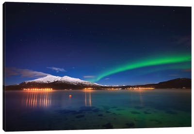 Aurora Over Tjeldsundet And Saetertinden Mountain In Norway Canvas Art Print