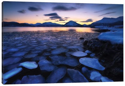 Ice Flakes Drifting Against The Sunset In Tjeldsundet Strait, Troms County, Norway Canvas Art Print