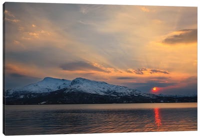 Midnight Sun Over Tjeldsundet Strait In Troms County, Norway Canvas Art Print